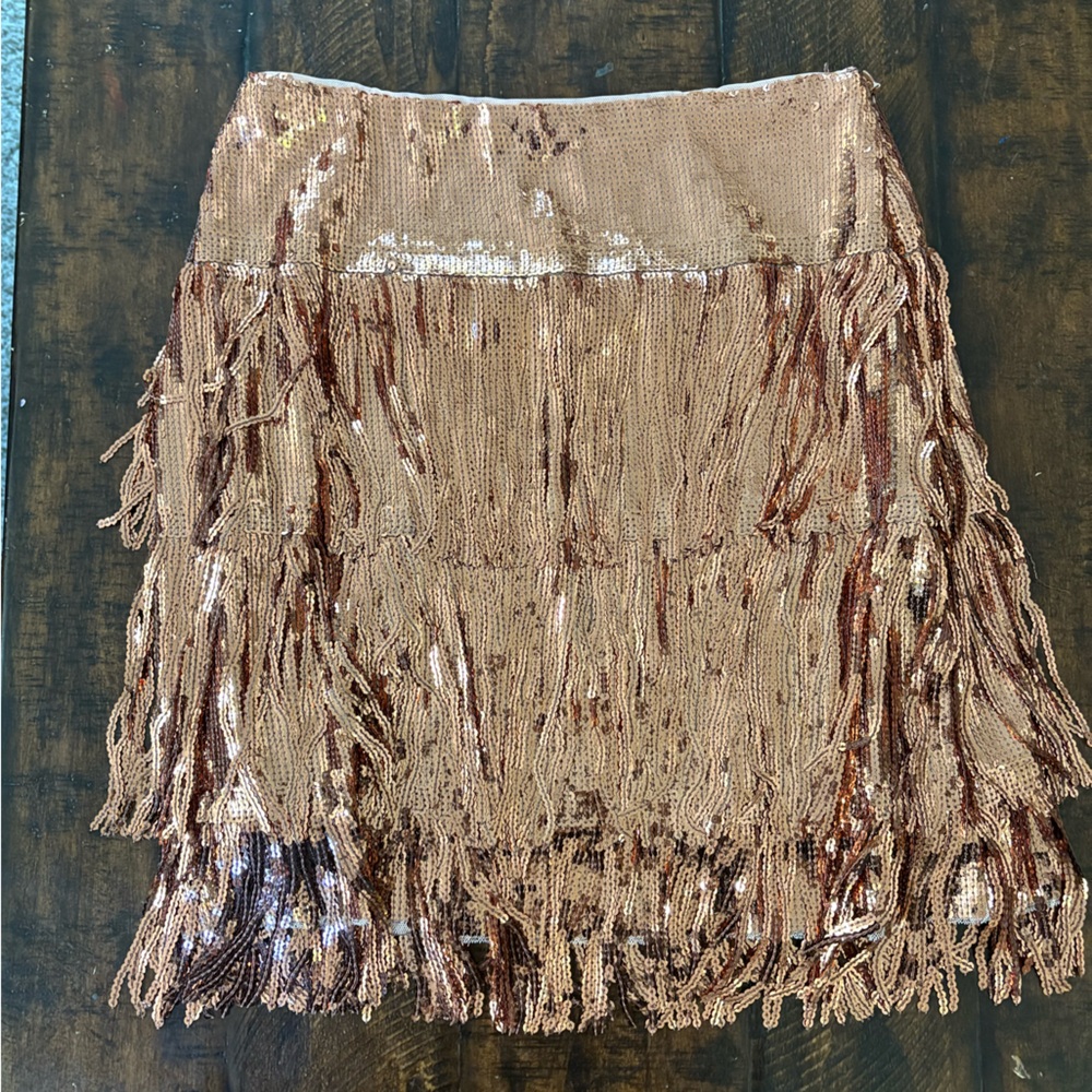 Anthropologie Maeve Rose Gold Sequin Fringe Skirt in Size 8